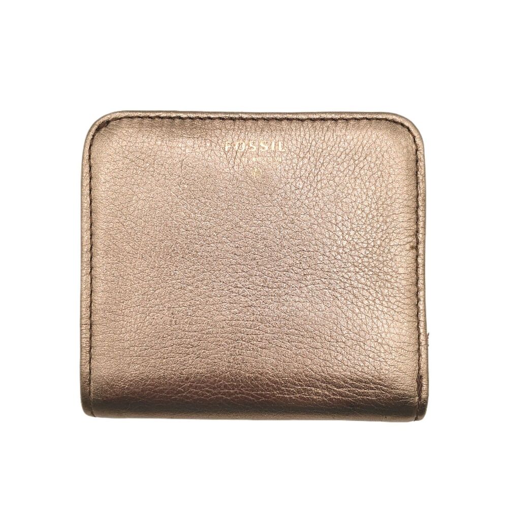 Fossil Small Leather Wallet Womens Metallic 3.5” Mini Bifold Zip Coin Pocket